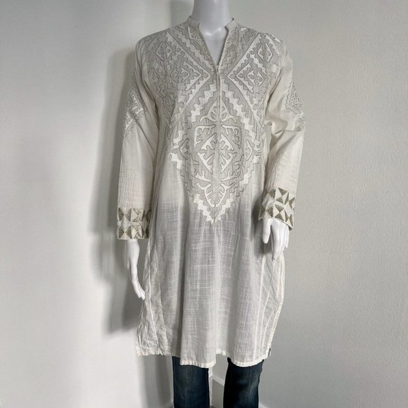 Khaadi Womens Kameez Top Size 8 White Geometric Gold Thread Embroidered Pakistan - Picture 1 of 13